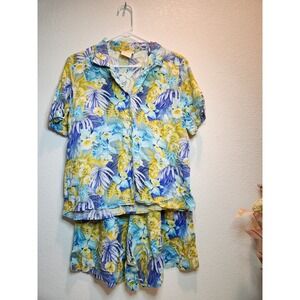 Christie & Jill Rayon Floral Hawaiian 2 Piece Lounge Set Shirt Shorts M L/Pajama